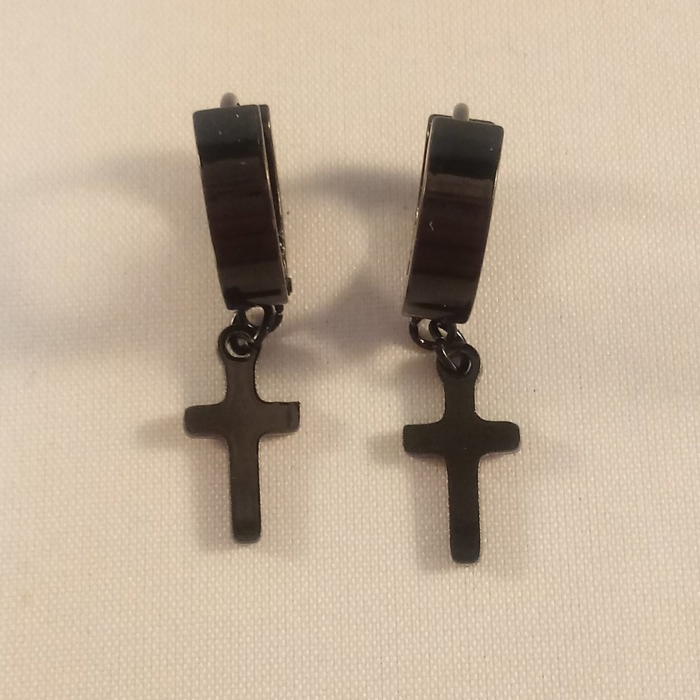 Mens Black Stainless Steel Cross Hoop Huggie Dangle Earrings 14mm Party Gift - Picture 2 of 4